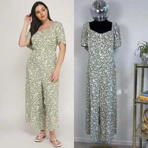 Green Floral Cropped Wide Leg Jumpsuit Sz Large, Boho Prairie Cottage Picnic NWT